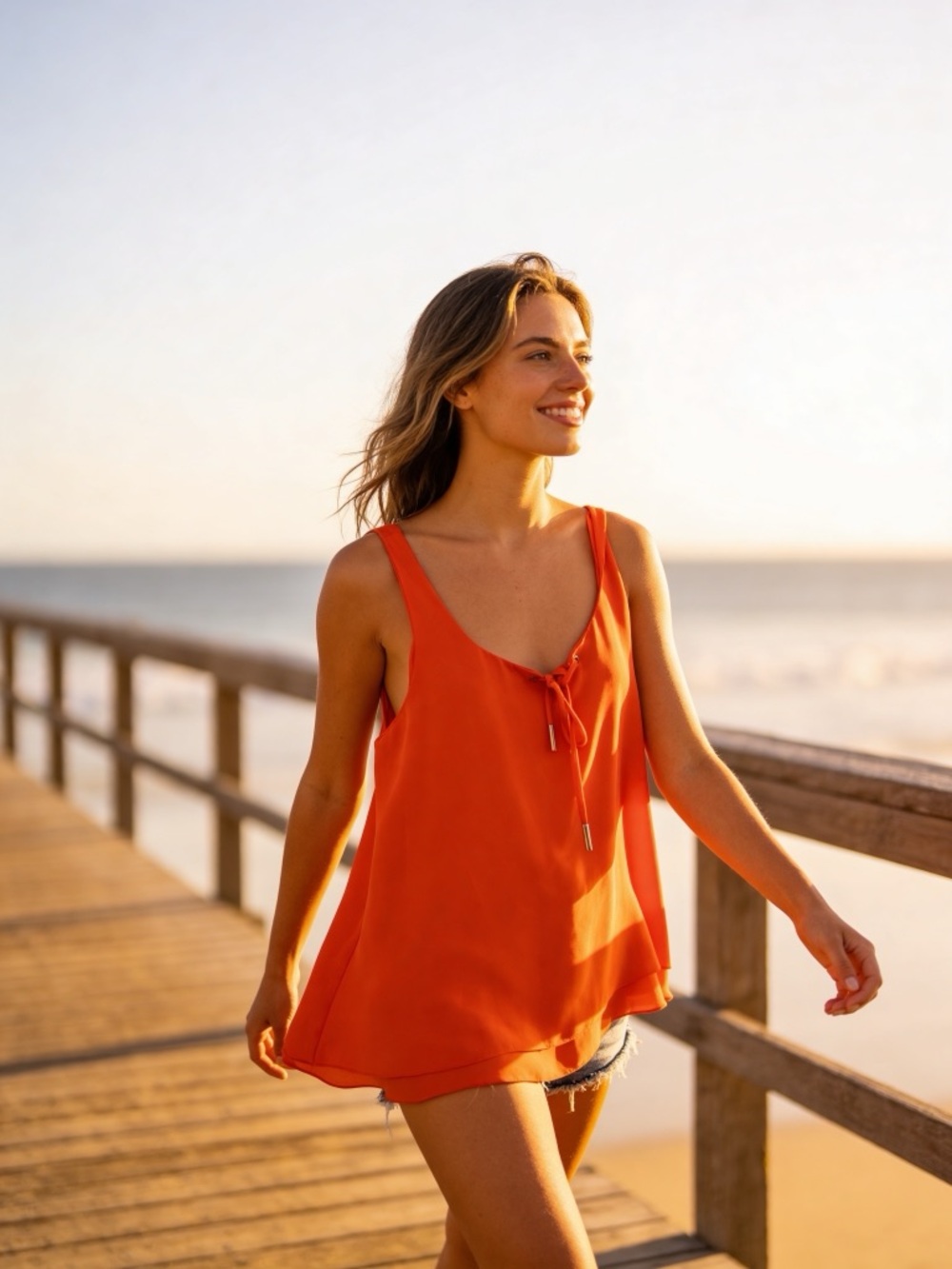 Orange V-Neck Tank Top with Tie Detail -